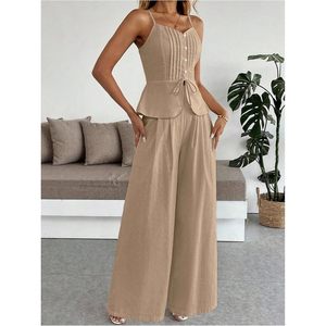 Conjunto de verano de 2 piezas para mujer, top tipo peplum con botones y pantalones anchos, tela crepé transpirable - Product Image 2