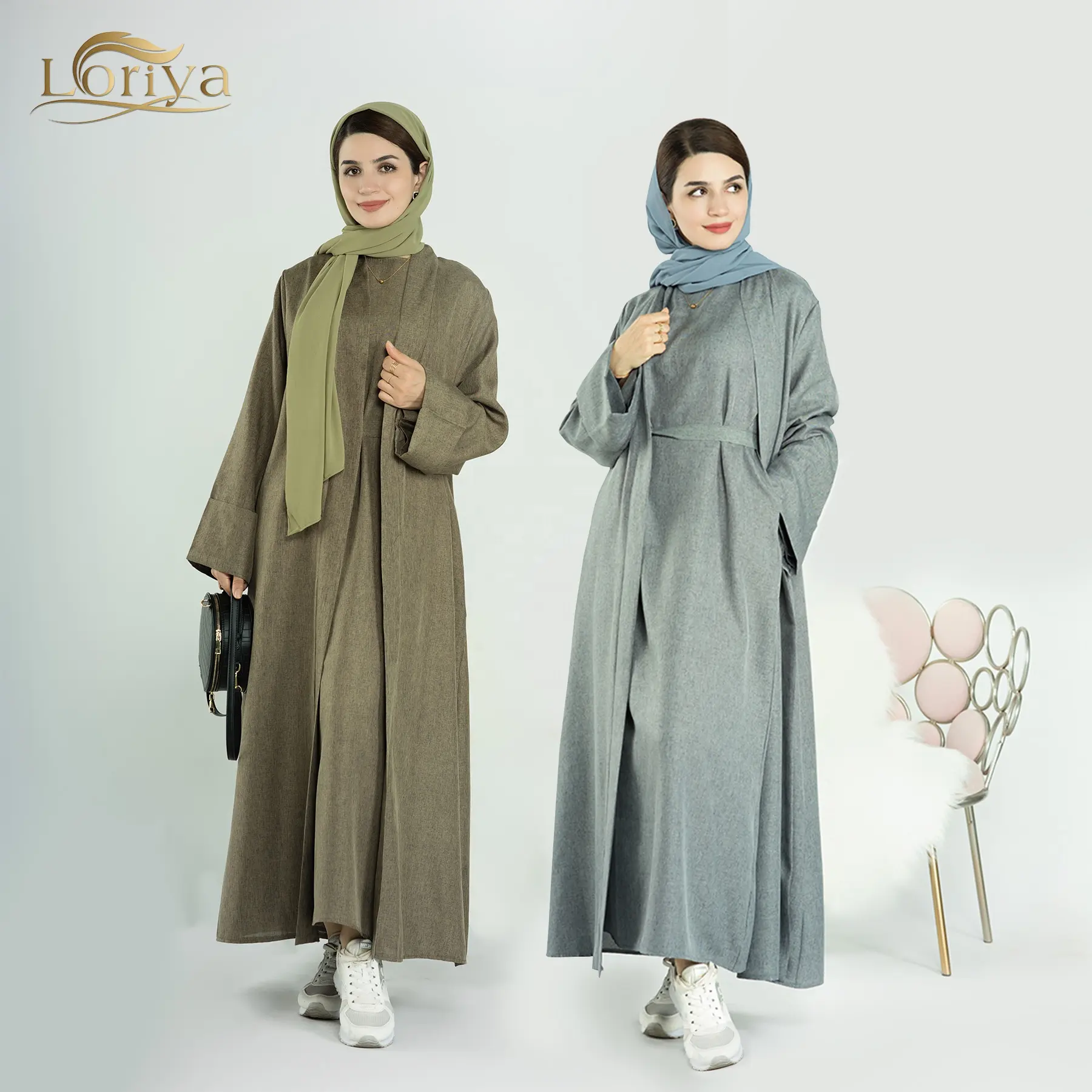 Loriya Effen Kleur Ademende Bescheiden Abaya Dubai Vrouwen Zacht Linnen Open Abaya Vrouwen Moslim Jurk Dameskleding