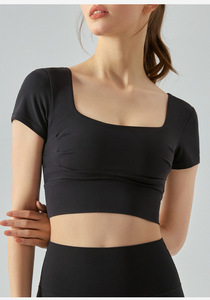 Wholesale Women Square Neck <b>Open</b> Back Yoga Crop Tops Stretch Short Sleeve Athletic T Shirts Built in <b>Bra</b> Gym Pilates Sports Tee - Product Image 4