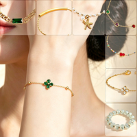Bracelet en acier inoxydable plaqué or 18 carats, bijoux en zircon émeraude, motif cœur, trèfle, perle, étanche et inaltérable pour femme