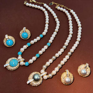 ชุดสร้อยคอและต่างหูสไตล์โบฮีเมียนลายเรขาคณิตชุบทองประดับด้วยหินเทอร์ควอยซ์และมุกสำหรับผู้หญิง - Product Image 3