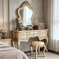 Ensemble de coiffeuse de luxe en bois massif sculpté doré, style français européen, pour chambre à coucher, villa, hôtel, OEM ODM, vente en gros