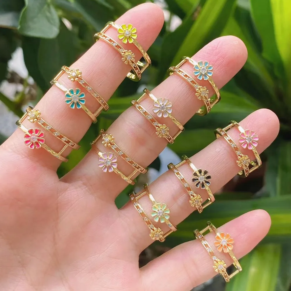 Fashion Brass Ring Jewelry Lovely Daisy Ring Colorful Enamel Flower Women Full Finger Band Ring