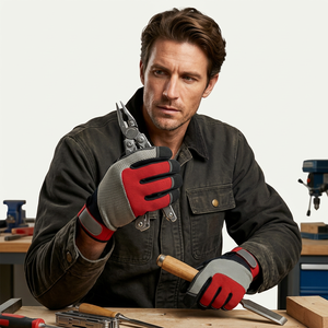Gants de travail antidérapants en PU avec poignet élastique, rouge et noir, usage général, sécurité, bouts des doigts texturés, résistants à l'abrasion, épaisseur 4 mil - Product Image 5