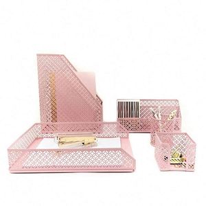 School Office Supply Stationery Powder Coated Metal Wire Mesh 5 Pcs <b>File</b> Tray Storage <b>Organizer</b> Desk Set - Product Image 4