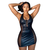 Modisches Damen Bodycon Clubkleid mit Quadratischem Ausschnitt PU-Leder Patchwork Bandage Eng Anliegendes Freizeitkleid