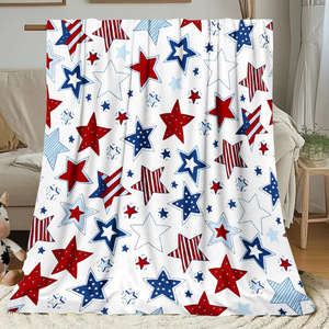 Plaid en peluche de style américain avec motif d'étoiles rouges, bleues et blanches pour la maison, couverture en flanelle douce et confortable pour toutes les saisons - Product Image 3