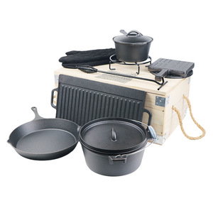 Ensemble de vaisselle de camping et de pique-nique en fonte pour l'extérieur avec boîte en bois pour cuisson/friture/plat à frire - Product Image 3