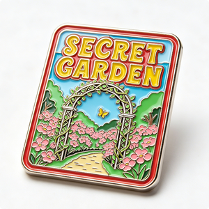 Épinglette en métal Secret Garden, rectangulaire, émail dur, thème floral, objet de collection artistique - Product Image 1