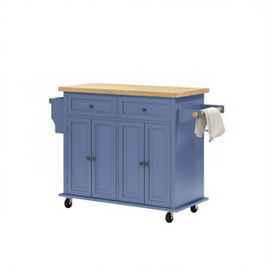 Chariot d'îlot de cuisine avec plateau en bois et 2 tiroirs, couleur bleue, pour le rangement et l'organisation de la cuisine - Product Image 1
