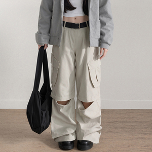 Pantalones Cargo de Pierna Ancha Desmontables de Estilo Urbano Americano para Mujer, de Color Sólido, Ajuste Holgado, Casuales - Product Image 1