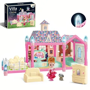 假装玩女孩公主玩具配件家具DIY组装塑料大尺寸梦幻粉色娃娃屋带女孩娃娃
