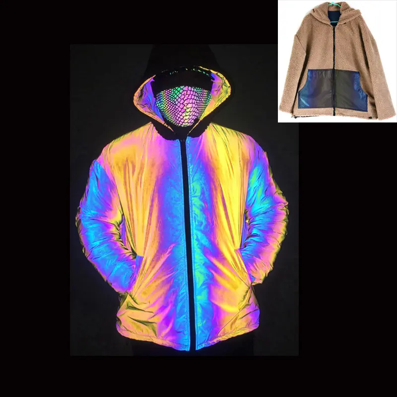 높은 가시성 두 얼굴 측면 두꺼운 겨울 따뜻한 남여 카키 패션 레인보우 반사 램버스 양털 줄 지어 재킷 풀오버 코트