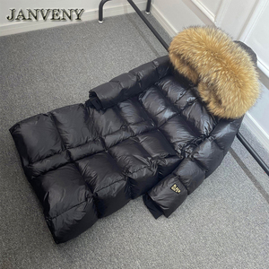 JANVENY 2023 Nouvelle veste d'hiver <span class=keywords><strong>brillante</strong></span> pour <span class=keywords><strong>femme</strong></span>, longue, rembourrée, avec grande <span class=keywords><strong>capuche</strong></span> en <span class=keywords><strong>fourrure</strong></span> de raton laveur naturelle, 90% duvet de canard, manteau brillant - Product Image 6