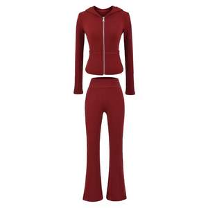 Ensemble décontracté en coton pour femmes, veste en tricot unie à fermeture éclair intégrale et pantalon évasé à revers aux genoux, 2 pièces - Product Image 6