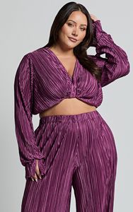 Personalizado cetim plissado torção mangas compridas colheita Tops calças compridas calças fábrica de roupas Co Ord combinando 2 peça conjunto das mulheres - Product Image 3