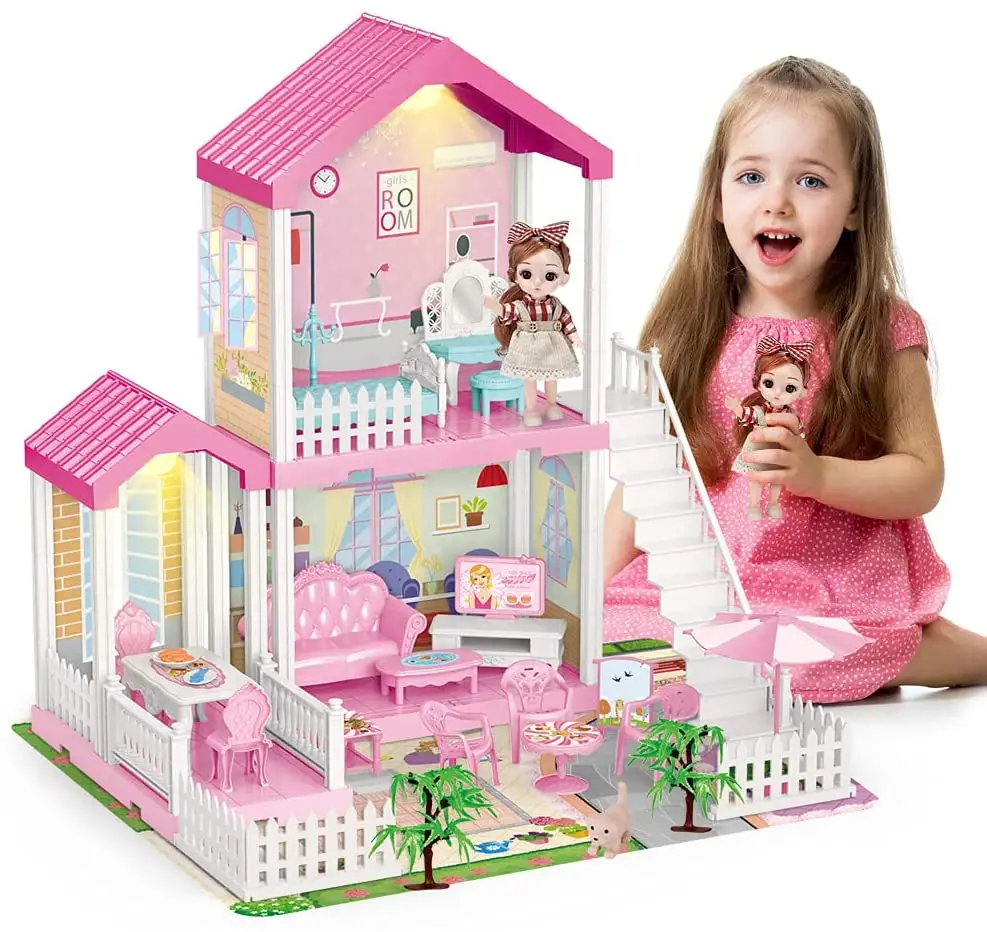 Miniatura casas de bonecas, meninas, diy engraçado, criança, fingir, jogar casa de plástico com acessórios de brinquedo, móveis, área interna, atacado
