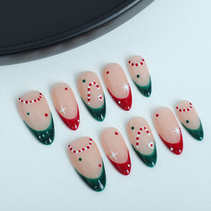 Móng tay nhân tạo thủ công với phong cách kẹo Pháp màu đỏ và xanh lá cây, móng tay có thể tái sử dụng chất lượng cao. - Product Image 1