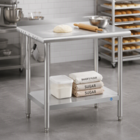 Table de travail pour boulangerie-pâtisserie, table en acier inoxydable à bord arrondi avec dosseret et étagère inférieure pour le roulage de la pâte