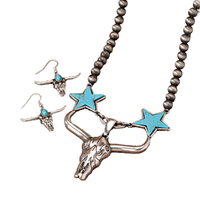 Ensemble de boucles d'oreilles collier tête de vache décor en pierre turquoise bleue style occidental rétro vintage Cowgirl bijoux en cuivre pour les fêtes