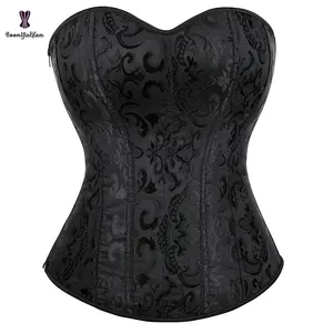 Korset dan Bustier Wanita Brokat Overbust Xs Ukuran Plus, Korset Jacquard Bertali Atas Tulang Hitam dengan Ritsleting