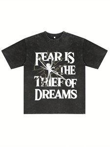 T-shirt Oversize Nera Lavata con Stampa Ragno '<span class=keywords><strong>Fear</strong></span> Is the Thief of Dreams' in Cotone 100% Stile Streetwear - Spedizione USA in <span class=keywords><strong>3</strong></span> Giorni - Product Image 1