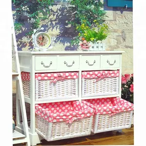 hot wholesale country wooden cabinet furniture with 4 woven baskets and wood drawers for household organization