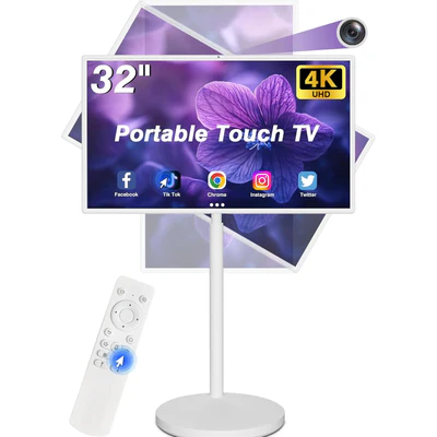 360SPB 32 Inch Portable Touch Screen TV on Wheels with Built-in Camera, 4K Smart Android Display for Home, Gym, and Business Use