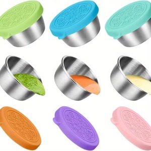 304 Stainless Steel Sauce Cup Silicone Lid Leak Proof Round Seasoning <b>Container</b> Reusable Dressing Cup for Kitchen Meal Prep - Product Image 3