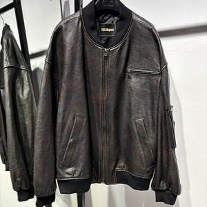 Chaqueta Bomber Extra Grande de Cuero Desgastado Color Negro Carbón para <span class=keywords><strong>Mujer</strong></span> - Product Image 1