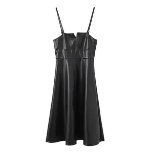 Cheap Casual Women Dress Black Halter Leather Skirt Club Dress Girls Suspender Skirt