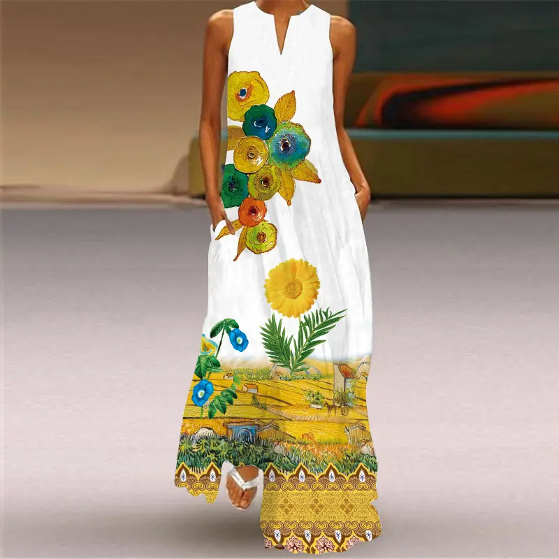 Lässige Damen Sommer Print Ärmellose Tasche Loses Kleid 2021 Retro Plus Size Blumen Maxi kleid V-Ausschnitt Sexy Weibliche Lange Kleider