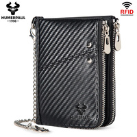 Dompet Kulit Asli HUMERPAUL untuk Pria, Tempat Kartu Kredit RFID dengan Jendela ID, Minimalis dengan Rantai Biker, Portomonee