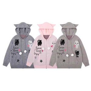 Cárdigan de punto con capucha y cremallera para mujer, diseño de orejas de gato, ajuste holgado, novedad de otoño, suéter abrigo gris antipilling - Product Image 3