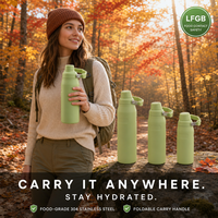 Bouteille de sport isotherme en acier inoxydable avec poignée pliable pour la salle de sport, les voyages, le camping, la randonnée, gourde d'hydratation 12oz 36oz