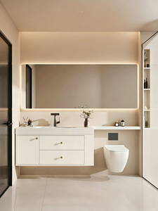 Meuble-lavabo de salle de bain personnalisé, étanche, style crème, avec vasque intégrée en pierre frittée thermoformée, lavabo de salle de bain - Product Image 3