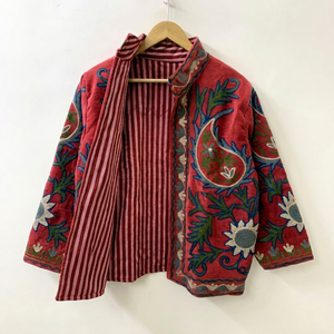 <b>Women</b> Velvet Suzani Jacket Embroidered Floral Regular <b>Coat</b> Vintage Oriental Style Autumn/Winter Casual Wear Cotton Filled - Product Image 1