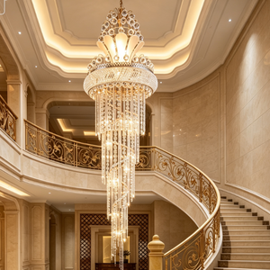 Lustre en cristal doré de luxe personnalisé, grand luminaire suspendu à plusieurs niveaux avec abat-jour en forme de bol pour villa - Product Image 2