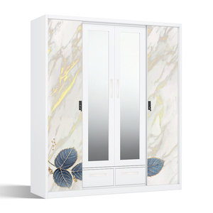 Armoire de chambre moderne en acier imprimé avec miroir, tringle à vêtements amovible verrouillable et portes coulissantes - Product Image 2