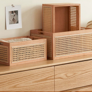 Solid Wood Rattan <b>Storage</b> Box Rectangle With Handle For Jewelry Cosmetics Bedroom Organization - Product Image 1