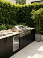 Station de cuisine extérieure tout-en-un robuste et réglable en acier inoxydable avec barbecue à gaz, évier, robinet et porte vitrée sous comptoir