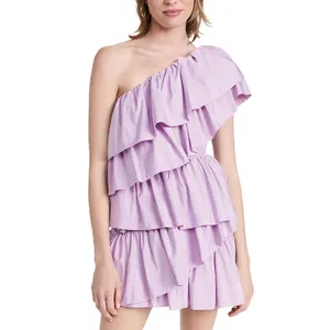 Ladies One-Shoulder Dress For Women Ruffled Clothing Manufacturers Elegant Flutter Sleeve Custom Logo Polyester Mini Dress