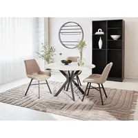 Ensemble de table à manger ronde en pierre frittée style crème avec plateau tournant, base en métal massif, table ronde simple couleur noyer