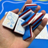Jeu de Mahjong Américain Thème Cowboy Western Adorable, Tuiles en Acrylique Triple Couche Rouge Bleu Blanc avec Motifs Cactus et Fer à Cheval