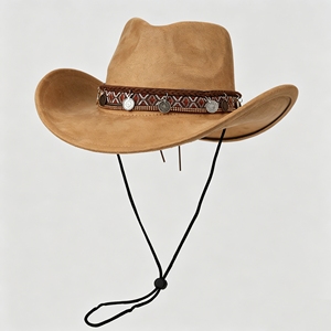 Chapeau de cowboy bohème avec pièces de monnaie et bande tribale, chapeau en feutre de protection solaire style western pour hommes et femmes - Product Image 1