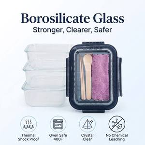 Boîte à bento en verre à 3 compartiments avec couverts, couvercle bleu profond, système de ventilation breveté, étanche, en verre borosilicate, pour la préparation des repas, compatible four - Product Image 3