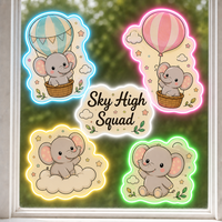 Autocollants personnalisés imperméables en PVC vinyle, autocollant décoratif électrostatique pour fenêtre, imprimé UV, motif éléphant kawaii avec ballon