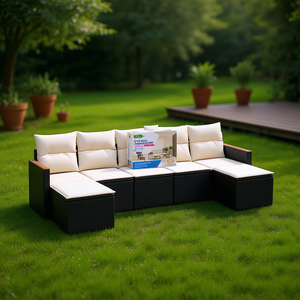 ชุดโซฟาสวนสีดำและครีม เฟอร์นิเจอร์หวายกลางแจ้ง พร้อมเบาะโฟมความหนาแน่นสูง กันน้ำ ดีไซน์ร่วมสมัย - Product Image 2