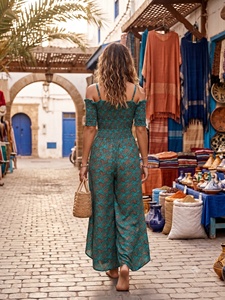 Mono largo bohemio con hombros descubiertos, vestido casual con estampado floral, ajuste holgado, de seda tejida, para verano, ecológico, corte A, estilo Y2K para mujer - Product Image 6