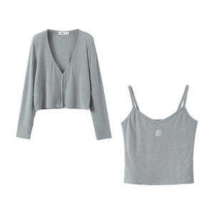 Conjunto de dos piezas de cárdigan de punto para mujer Runqi N8647, gris, asimétrico, de color sólido, de algodón, talla grande, para mujeres con curvas. - Product Image 3